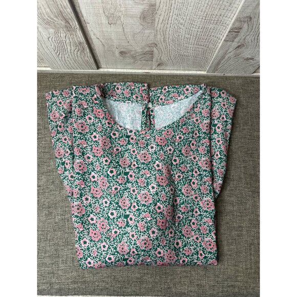 Floral Print Peplum Pullover Shirt Top Womens XL Green Pink Short Sleeve Summer - Picture 3 of 6